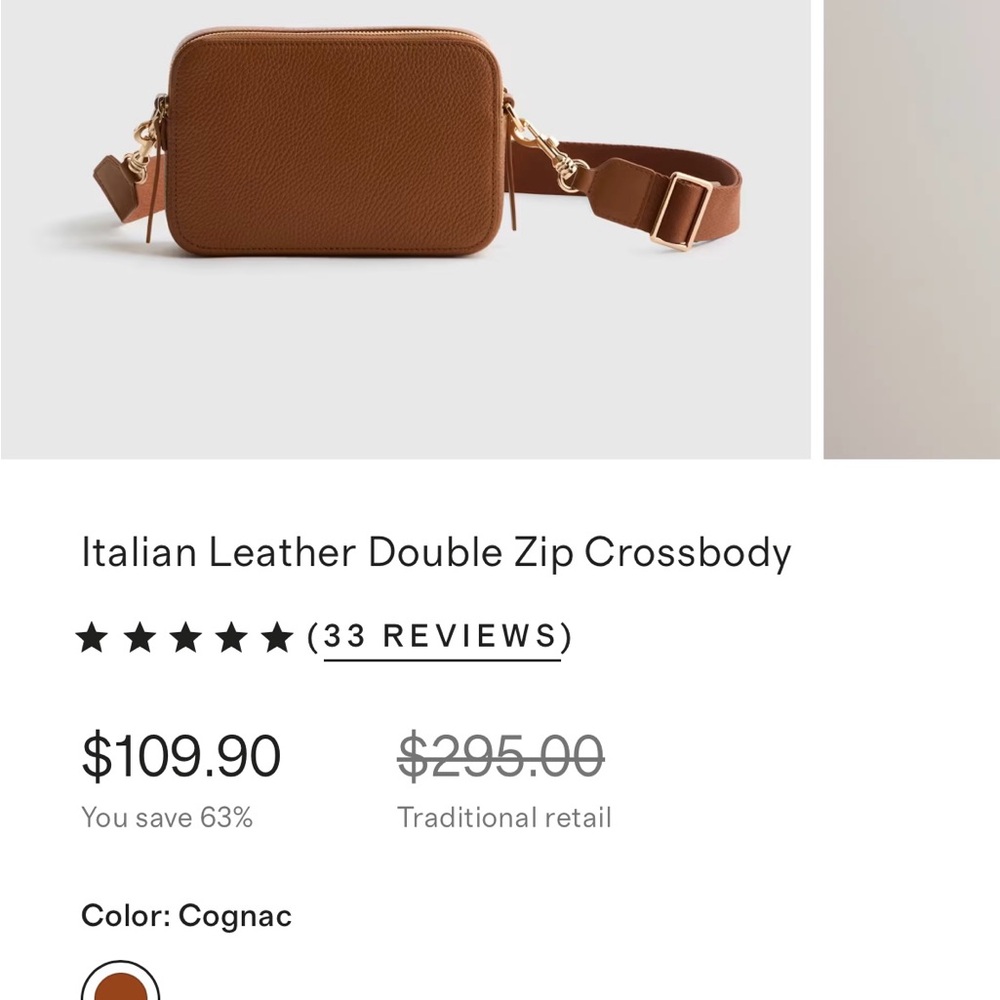 Quince Cognac Italian Leather Double Zip Crossbody Bag, NWT